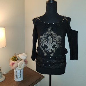 Chic Noir Elegance: Embellished Cold-Shoulder Top